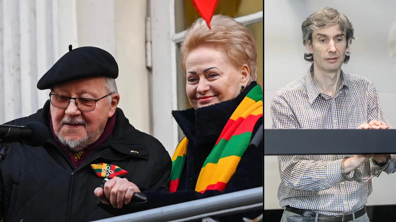 Dešinėje – Algirdas Paleckis. Kairėje – valstybės vadovas Vytautas Landsbergis, turintis pomėgį į Balkoną, švenčiant Vasario 16 d., atsitempti Kovo 11-osios nepriklausomybės priešininkę, Mykolo Burokevičiaus bendražygę, po Nepriklausomybės Akto paskelbimo drauge su šiuo komunistu plušėjusi Lietuvos nepriklausomybės priešininkų pusėje, oficialią Rusijos Federacijos valstybės paslaptį, savo biografijos klastotoją, aktyvią sukilusių Lietuvos kultūrininkų prietelką, Landsbergių bendruomenės Dievaitę, prezidentę Dalią Grybauskaitę.
