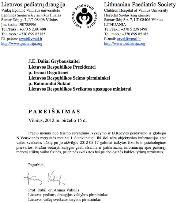 Lietuvos pediatrų draugijos valdybos pirmininko, Lietuvos vaikų sveikatos tarybos pirmininko pareiškimas