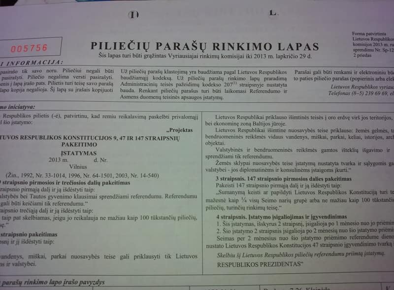 Piliečių parašų rinkimo lapas. E.eu nuotr.