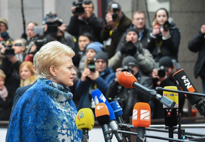 D. Grybauskaitė atvykusi į Europos Vadovų Tarybos posėdį iš karto atsidūrė ir pasaulio žiniasklaidos dėmesio centre. Nuotr. prezidentas.lt