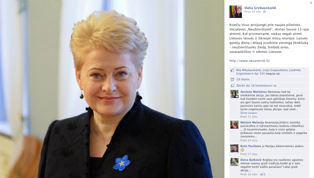 Prezidentė kviečia visus prisijungti prie naujos pilietinės iniciatyvos, skirtos Sausio 13-ajai atminti