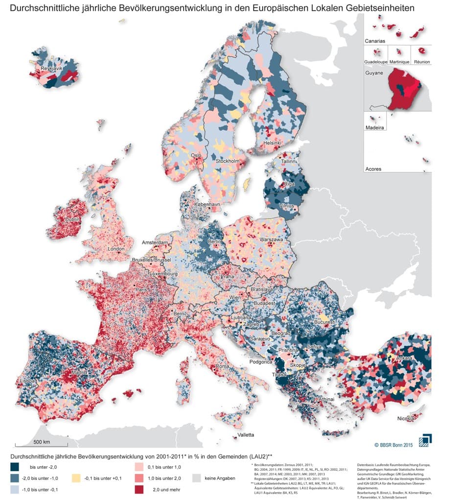 Neįtikėtinai detalus žemėlapis parodė Europos gyventojų demografinius pokyčius