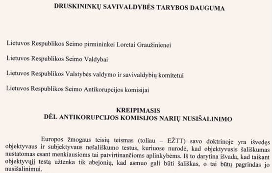 Druskininkų savivaldybės tarybos dauguma kreipėsi į Seimo pirmininkę, valdybą, komitetą ir komisiją