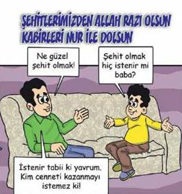 Ištrauka iš komikso. „Duos Dievas, mes būsime nukankinti, o mūsų kapai pripildyti šviesos.“ (viršuje). „Kaip malonu būti nukankintam.“ (kalba tėvas kairėje). „Tėve, ar jūsų niekada neprašė būti nukankintu?“ (kalba vaikas dešinėje) „Žinoma, mano vaike, kad prašė. Kas nenorėtų patekti į rojų.“ (atsako tėvas)