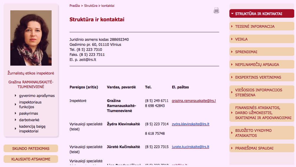 Žurnalistų etikos inspektoriaus tarnybos internetinio portalo fragmentas.