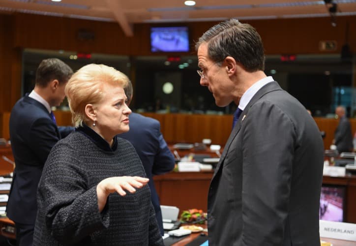 Prezidentė dalyvauja Europos Vadovų Tarybos posėdyje. Nyderlandų ministras pirmininkas Markas Riutė. Lietuvos Respublikos prezidento kanceliarijos nuotraukos/ Robertas Dačkus.