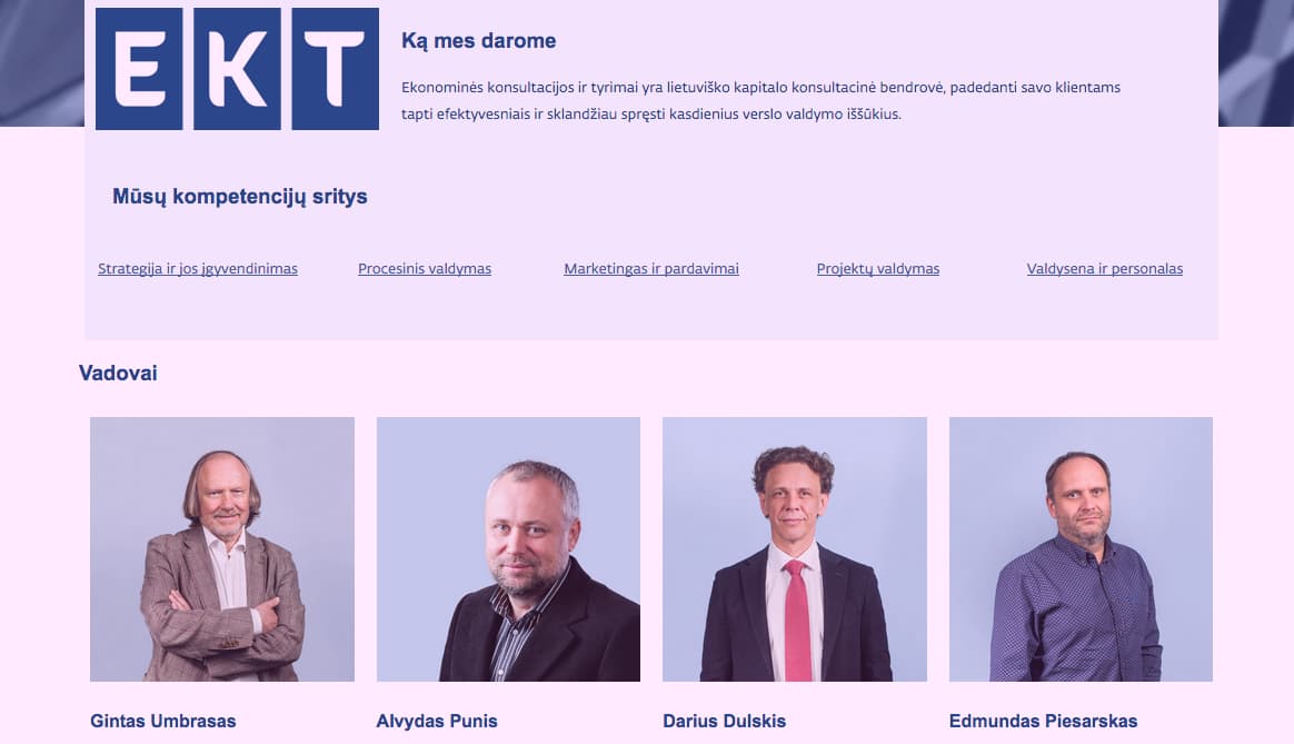 Firmos „EKONOMINĖS KONSULTACIJOS IR TYRIMAI“ tinklalapio fragmentas.