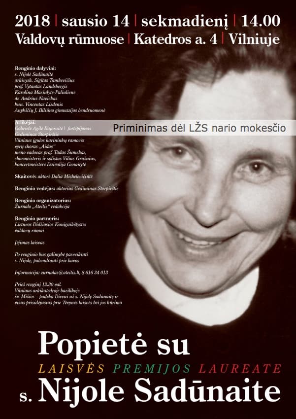 Žurnalistai kviečiami į popietė su Laisvės premijos laureate s. Nijole Sadūnaite