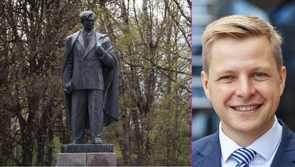 Vilniaus meras Remigijus Šimašius (dešinėje) ir sostinės vaizdą dergiantis sovietinis paveldas.