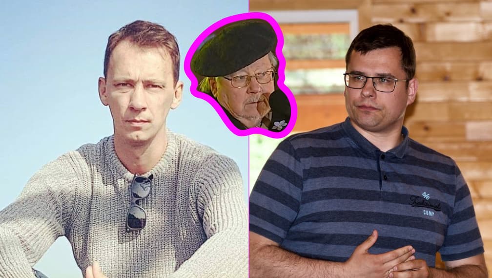 Megztaberečių bendruomenės nariai V. Kernagis (kairėje) ir L. Kasčiūnas. Viduryje megztaberečių stabas - patriarchas V. Landsbergis su berete.
