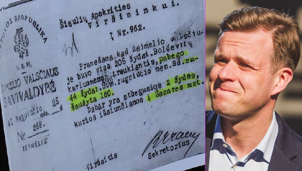 Vienas iš dokumentų, gulėdavusių ant Jono Noreikos-Generolo Vėtros stalo kolaboravimo su naciais metu ir liudijančių apie Lietuvos piliečių masinius žudymus be teismo. Dešinėje – Žmonių partijos lyderis Gabrielius Landsbergis.