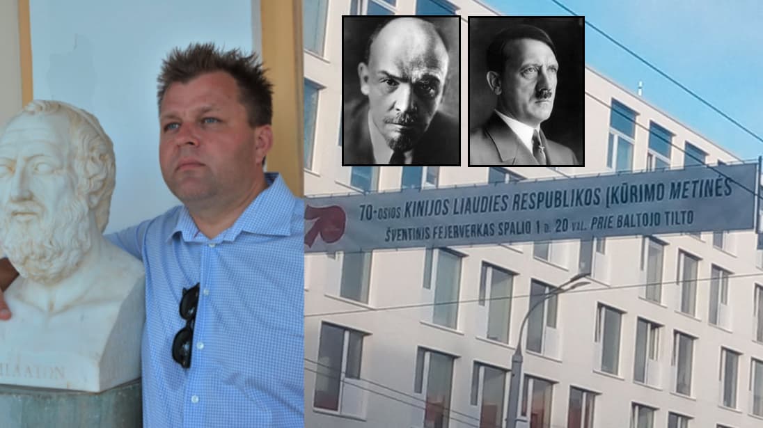 Seimo narys Mantas Adomėnas (apsikabinęs skulptūrą). Juoduose rėmeliuose Spalio revoliucijos lyderis Vladimiras Iljyčius leninas ir Trečiojo reiho vadovas Adolfas hitleris.