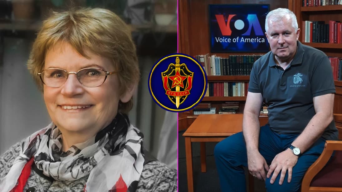 Kairėje - Lietuvos genocido ir rezistencijos tyrimo centro generalinė direktorė Teresė Birutė Burauskaitė. Dešinėje - anušauskinių KGB sąrašų skelbėjas Arvydas Anušauskas.