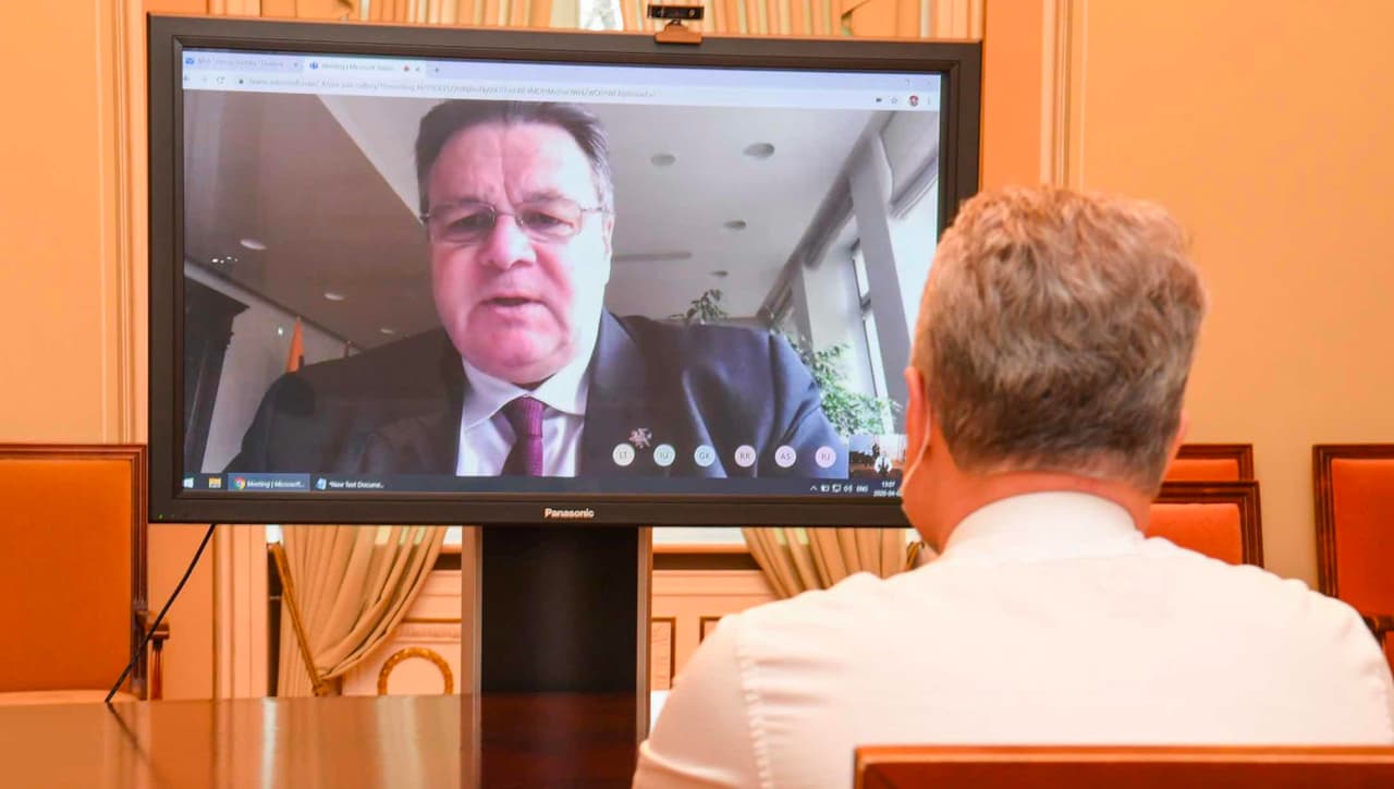Konferencinio skambučio akimirka. Nuotraukoje matosi, kad Lietuvos diplomatijos vadovas, skirtingai negu šalies vadovas, nesilaikė rekomendacijų ir apsauginės medicininės kaukės nebuvo užsidėjęs. Nuotr. prezidentas.lt