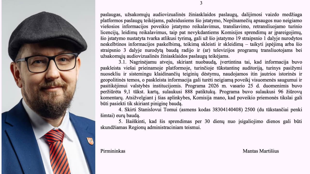 Manto Martišiaus vadovaujama LRTK skyrė 2500 eurų baudą advokatui Stanislovui Tomui