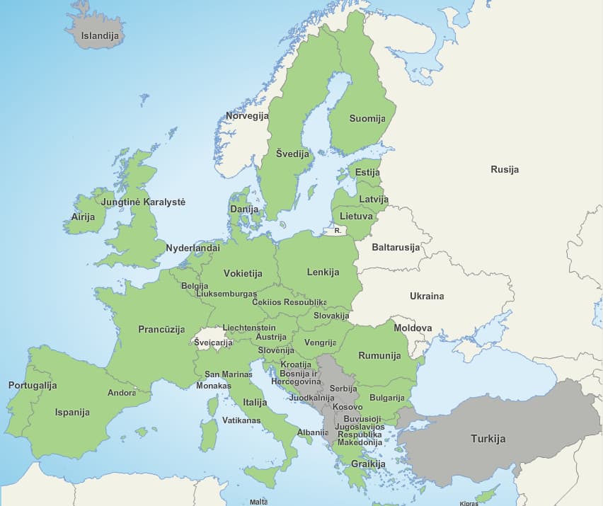 Europos Sąjungos valstybės (pažymėtos žalia spalva). Europa.eu žemėlapis