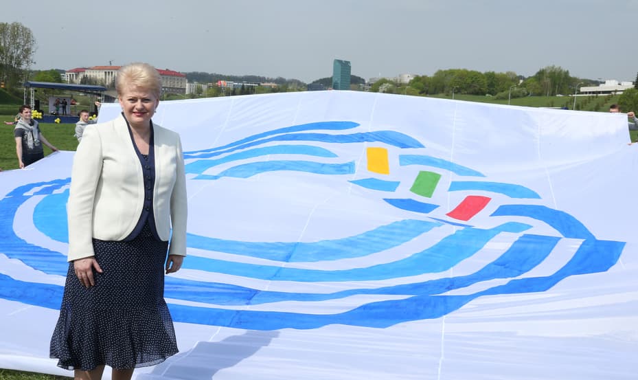 Prezidentė šalia istorinio Lietuvos pirmininkavimo ES Tarybai logotipo. Tačiau kiek, kam ir kaip įsisavinami biudžeto pinigai, skirti šiai istorinei progai, neturi informacijos ir šaies vadovė. Nuotr. prezidentas.lt
