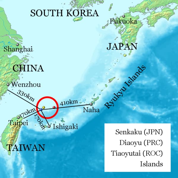 Senkaku (Diaoyu) salos, dėl kurių konfliktuoja Japonija ir Kinija. "Wikipedia" pieš.